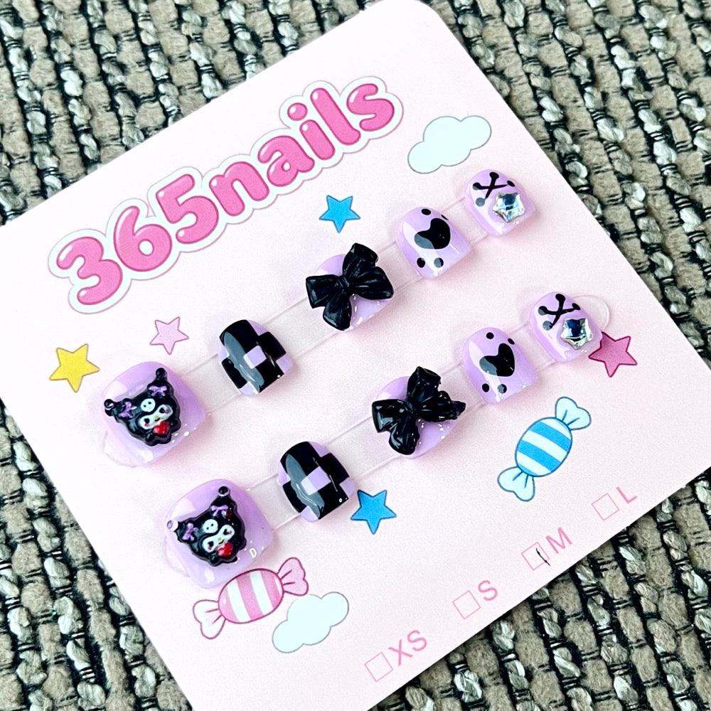 365nails: "Gothic Kawaii Dream" – 3D Character & Bow Handmade Short Square Nails