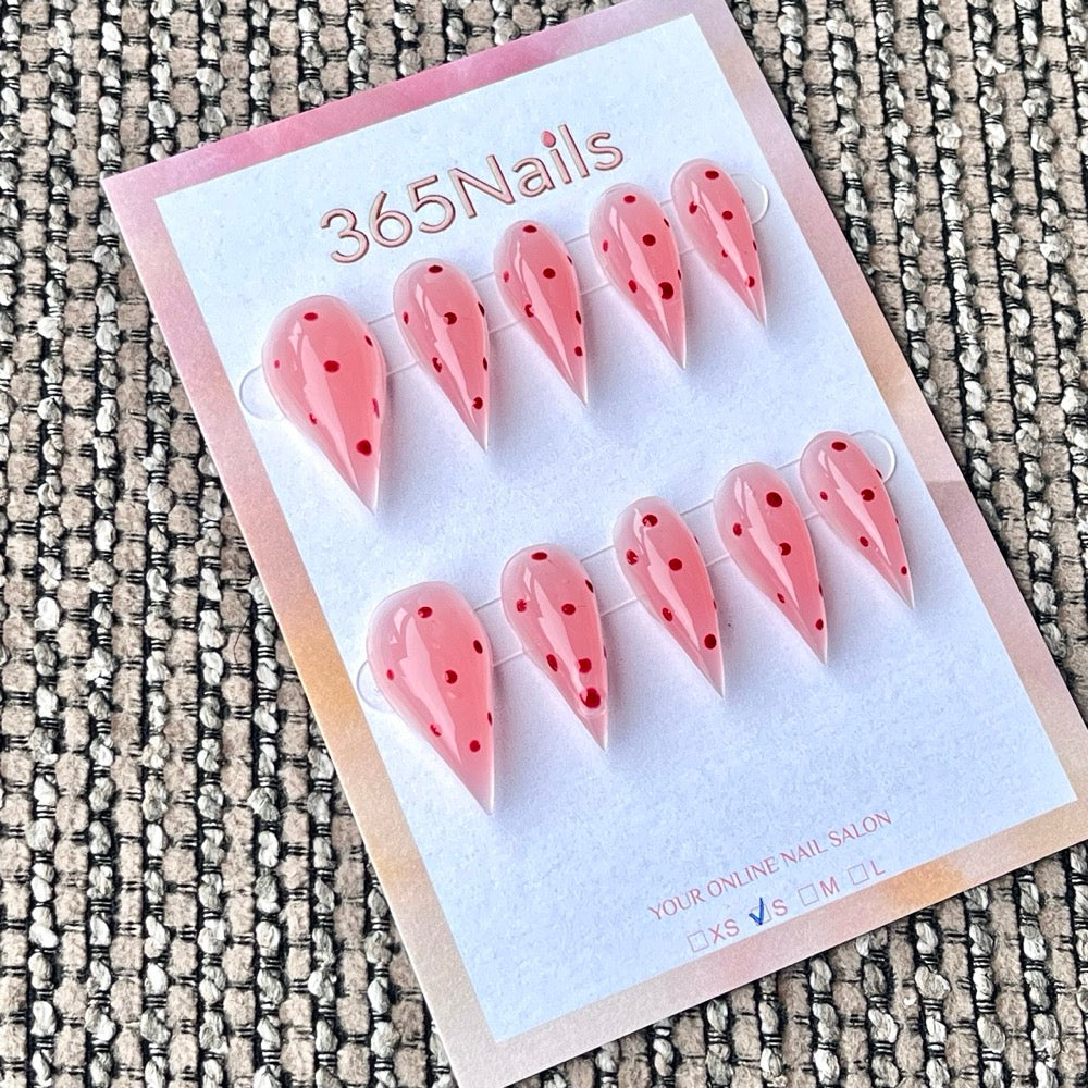 365nails: "Jelly Rose Transparent à Pois Rouges" – Minimal Fait Main Ongles Longs Forme Stiletto