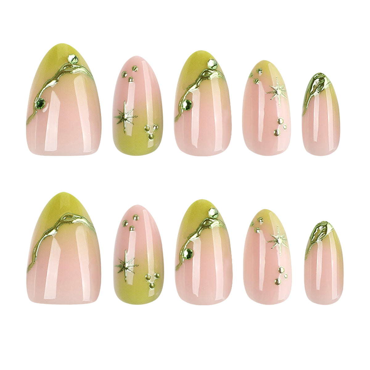 Ten press-on nails showing green French tips and gold star charms