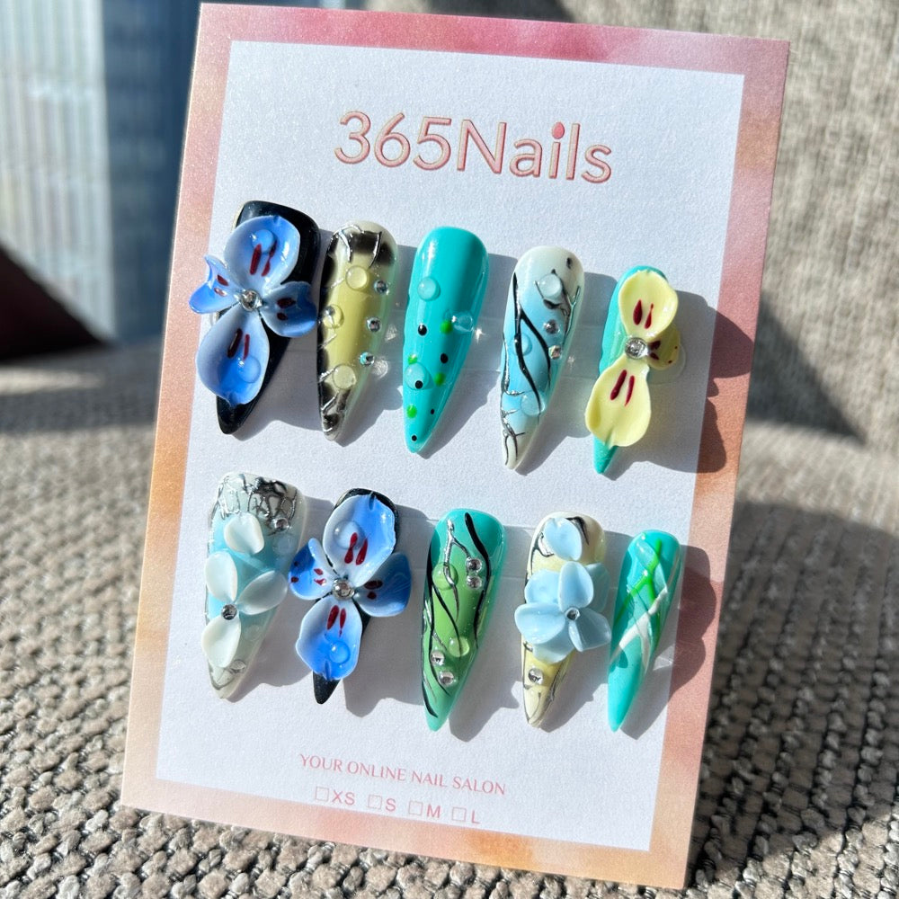 Sculpted Flora: "Cyber Iris Rain" – 3D Blue Iris & Cyan Ink Smudge with Dewdrops Stiletto Nails