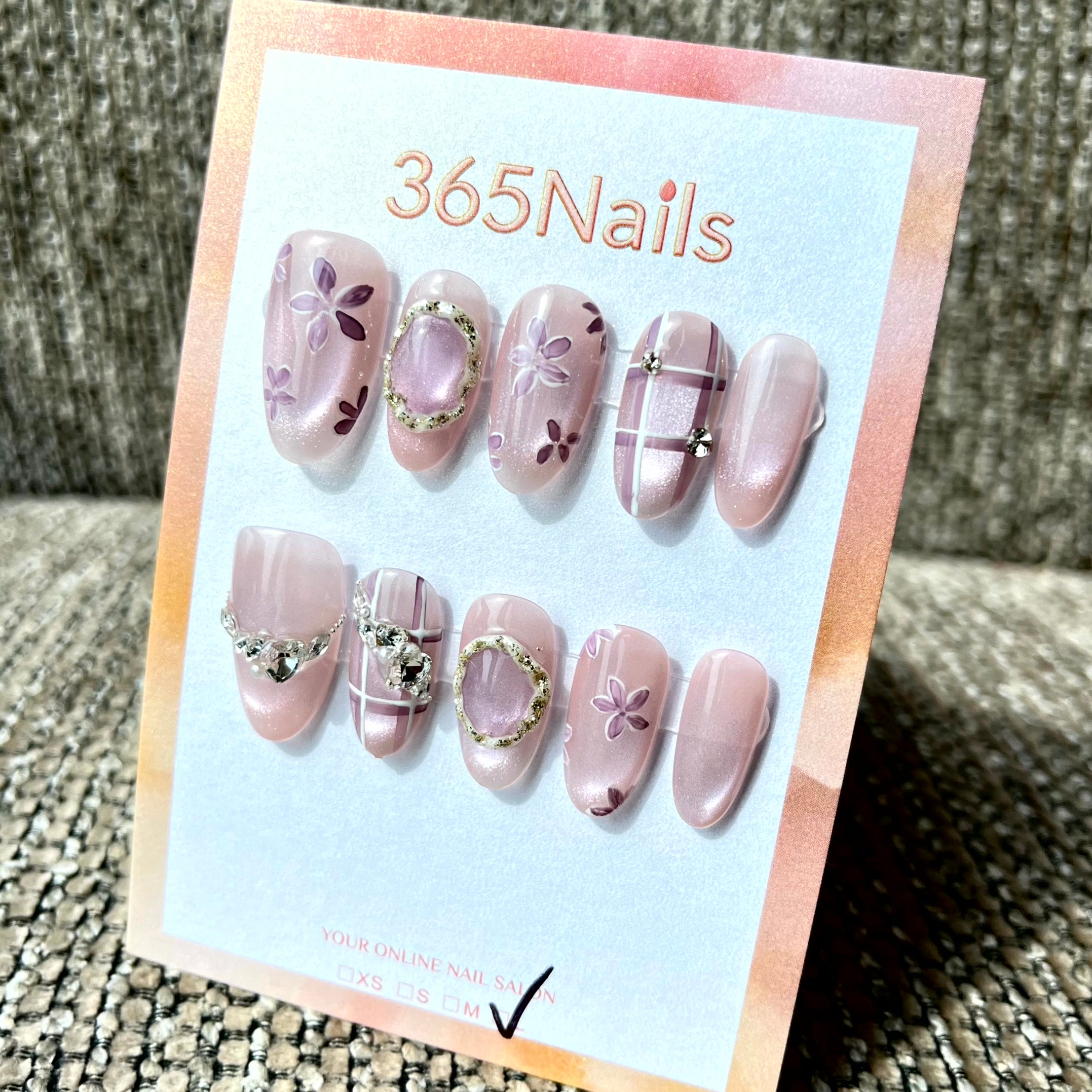 365nails: "Mauve Muse" – Hand Painted Floral & Gem Handmade Almond Nails