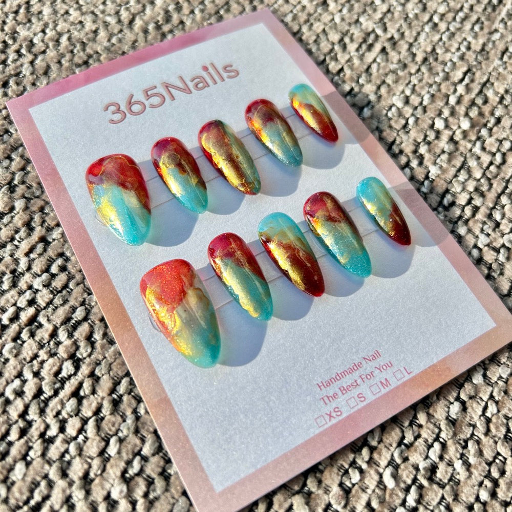 Crimson Sea & Dunhuang Sky Cinnabar Red & Turquoise Blue Contrast Nails ｜ Handmade Smudge Series(moq=30)