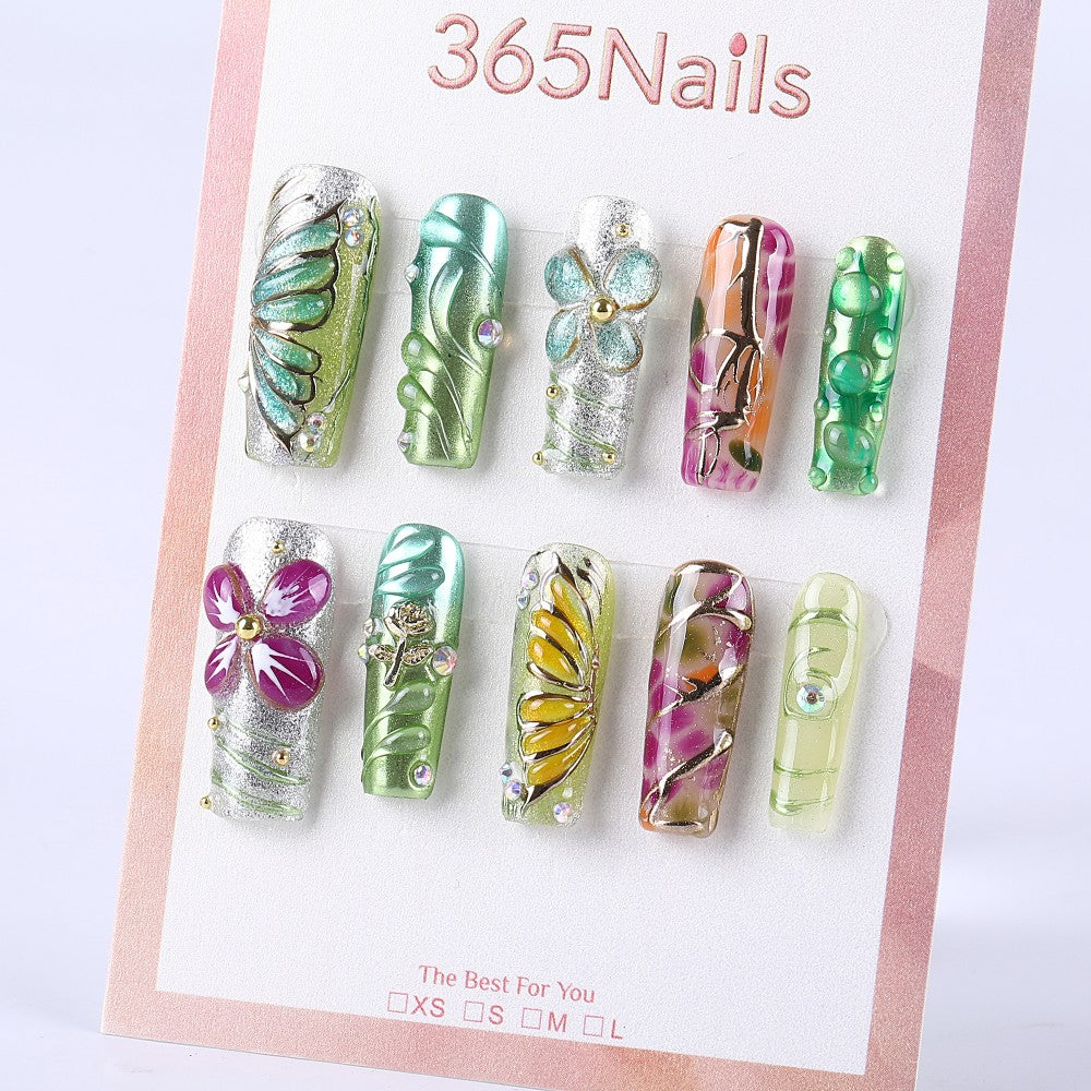 Iridescent Flower·Gold Thread Diamond Medium Square press on nail