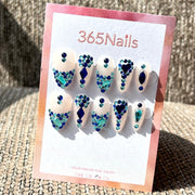 365nails: "Sapphire Ocean" – 3D Crystal & Rhinestone Handmade Almond Nails