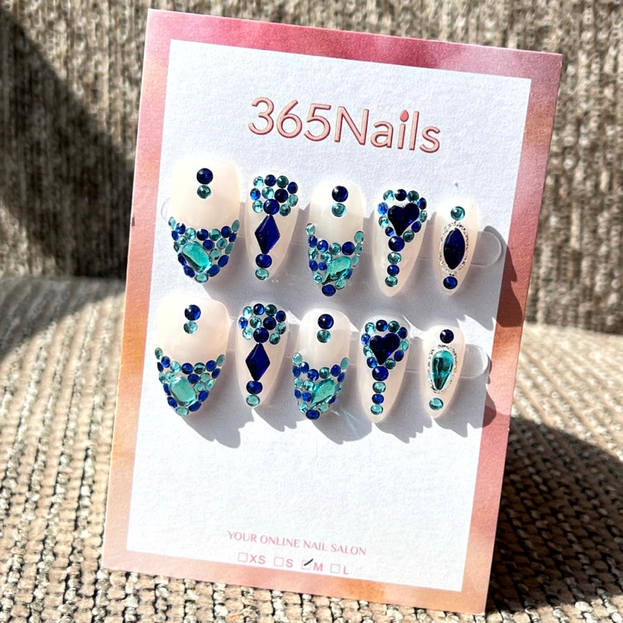 365nails: "Sapphire Ocean" – 3D Crystal & Rhinestone Handmade Almond Nails