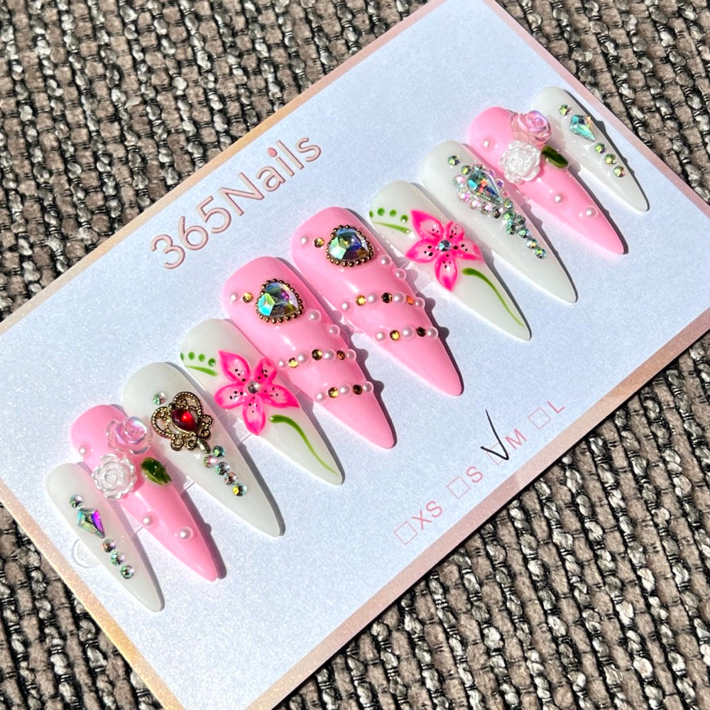 365nails: "Blooming Opulence" – 3D Floral & Jewel Handmade Stiletto Nails