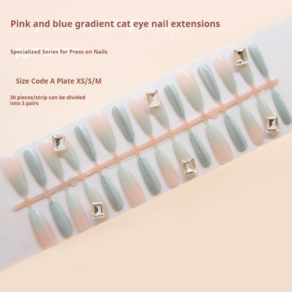 Nail Tips  prefabricated nail, simple detachable nail piece, pink and blue gradual change nail patch, cat eye drill model ｜365nails