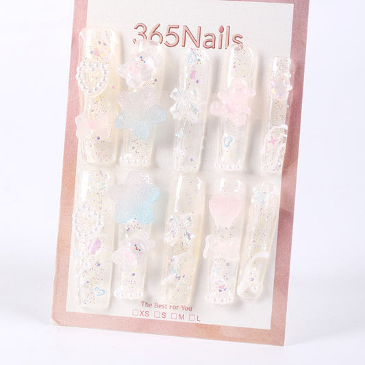 365Nails Iridescent Jelly Long Coffin Press On Nails with 3D Stars, Bows and Pearls