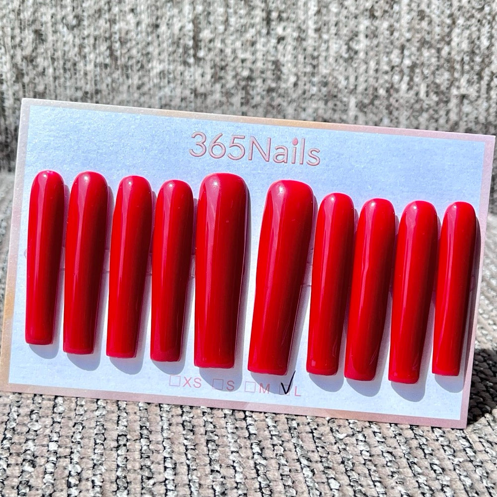365nails: "Crimson Velvet" – 선명한 레드 단색 수제 프레스온 롱 스퀘어형 네일