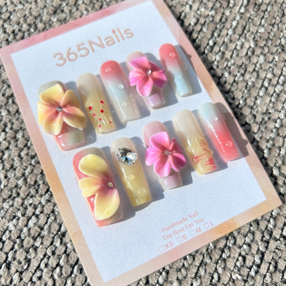 Sculpted Flora: "Sunset Frangipani Dew" – 3D Yellow & Pink Flowers on Ombre Green-Orange Jelly Nails with Water Droplets