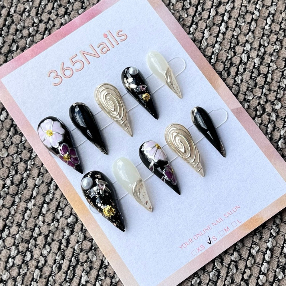 Black & Gold Floral Stiletto 3D Charm Press-On Nails