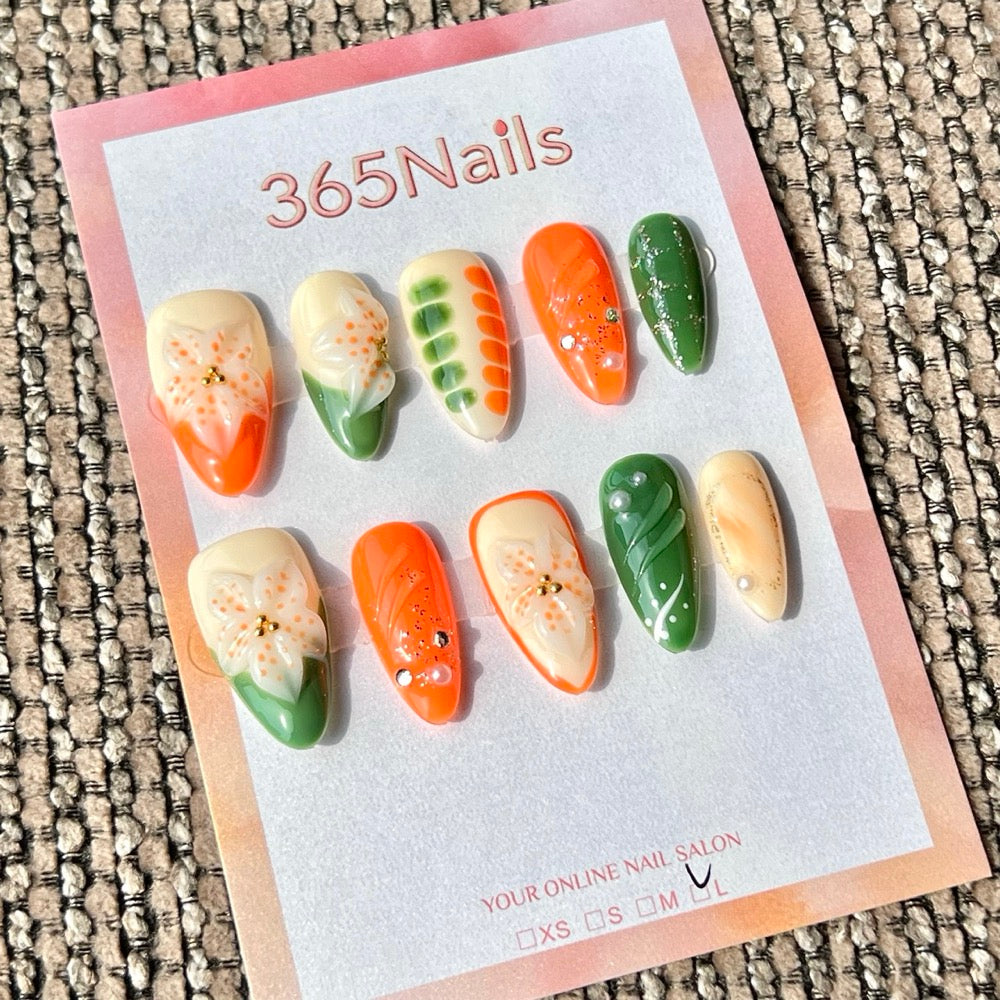365nails: "Orange Green Lily Carrot 3D Mix" – Handmade Medium Stiletto Press-On Nails
