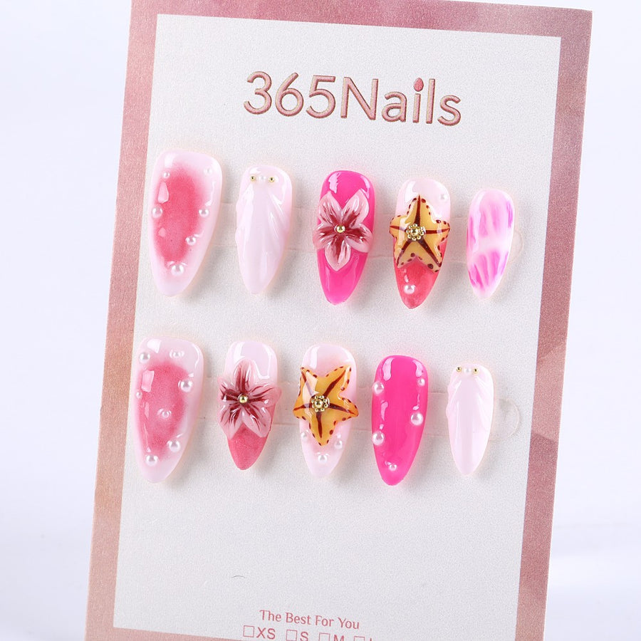 Pink Gradient Press-On Nails with 3D Flowers, Starfish, and Pearls ( MOQ=5pcs )