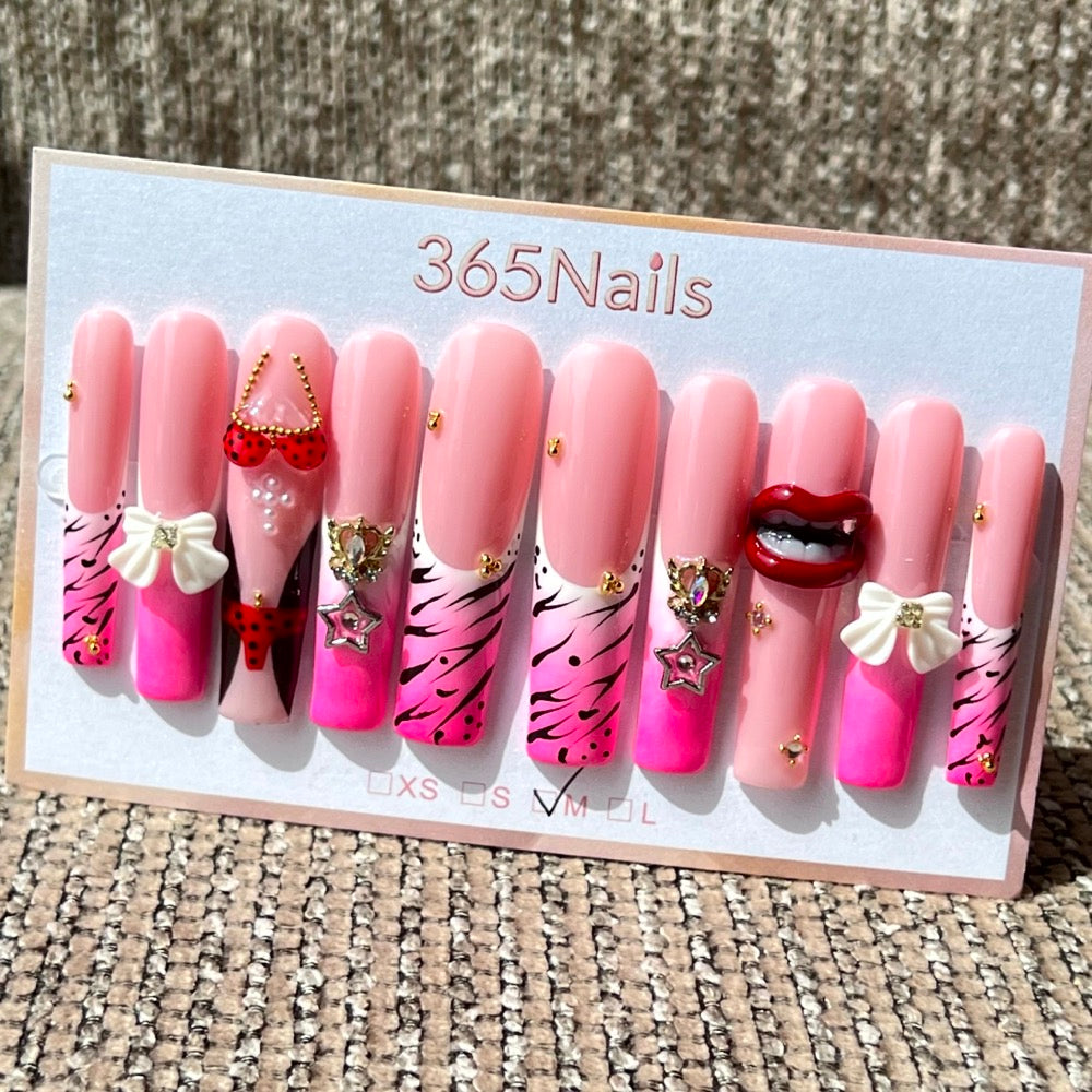 365nails: "Wild Cherry" – 3D Lips & Animal Print Handmade Long Coffin Nails
