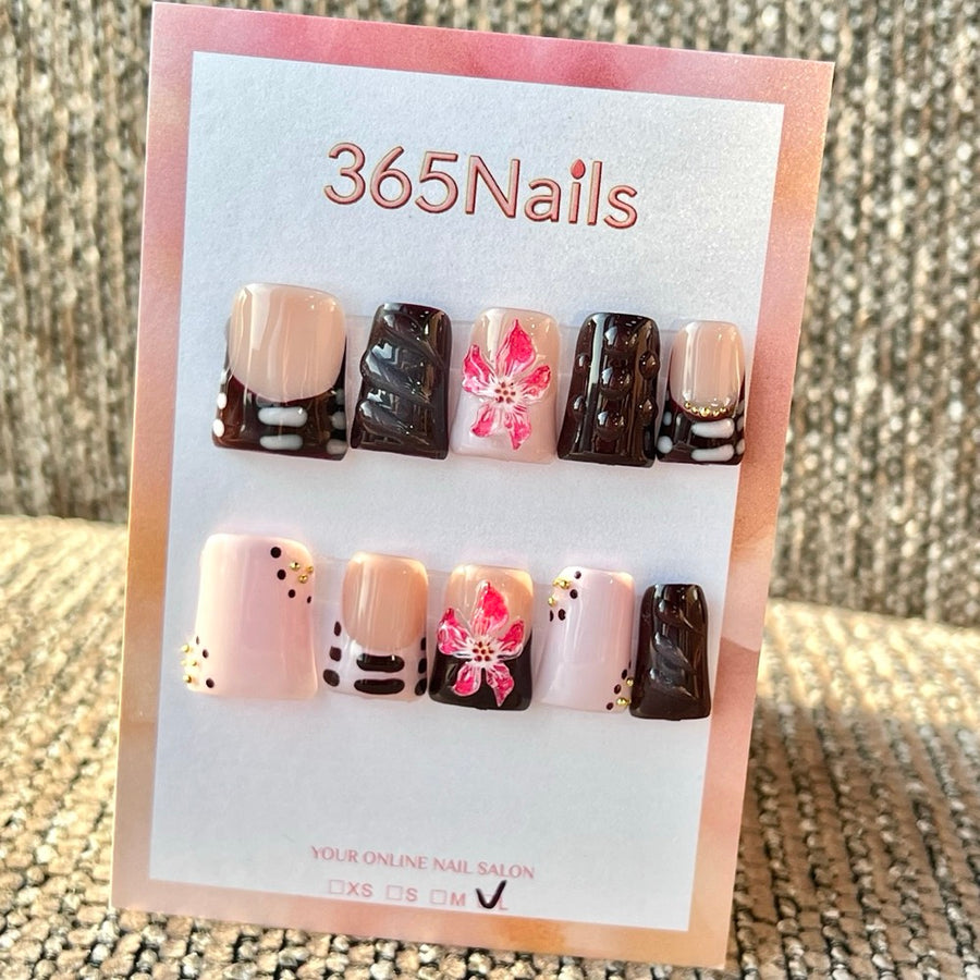 365nails 수제 숏 사다리꼴형 프레스온 네일 — 다크 브라운 핑크 꽃무늬
