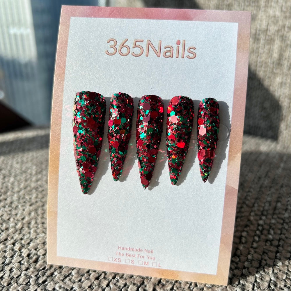 Neon Noel Press On Nails Red & Green Chunky Glitter Stiletto| Starry Glitter · Sparkling Series