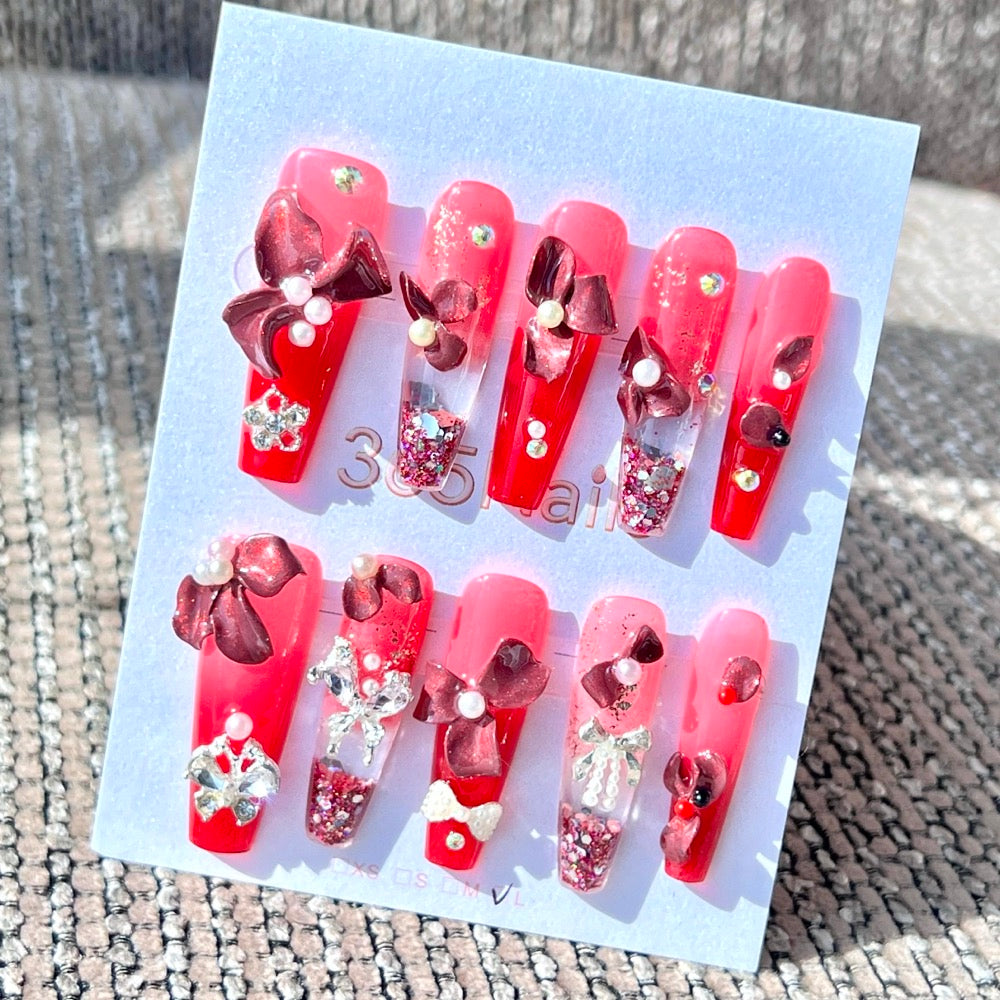 365nails: "Scarlet Bow Whisper" – Handmade Liquid Motion Press-On Medium Square Nails-3.5cm
