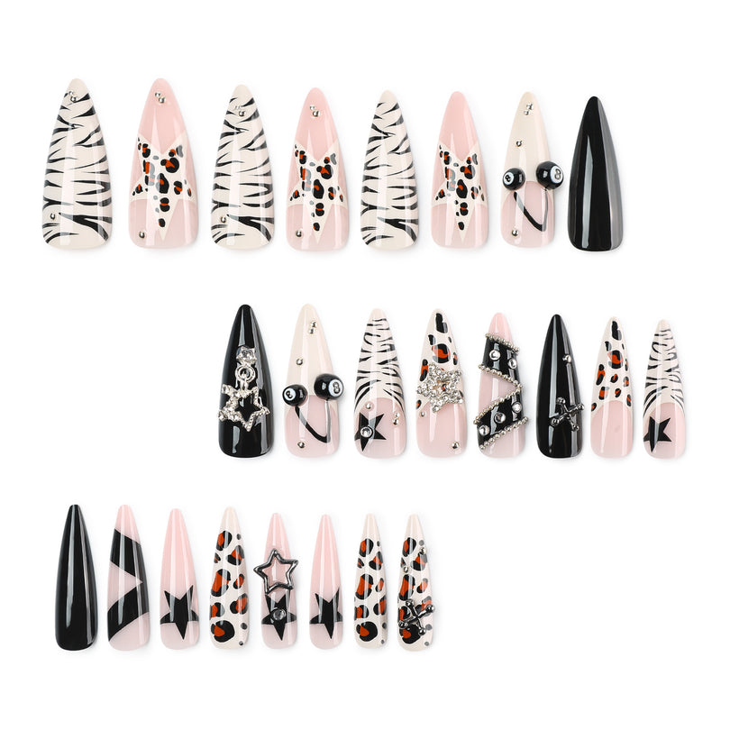 Grid of individual press-on nails on white background with black, pink, zebra and leopard patterns.