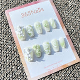 Sweet & Dopamine: "Mint Rococo Angel" – Milky Green Gradient, 3D Cherub, Sculpted Rose, Plaster Texture & Pearl Press-on Nails