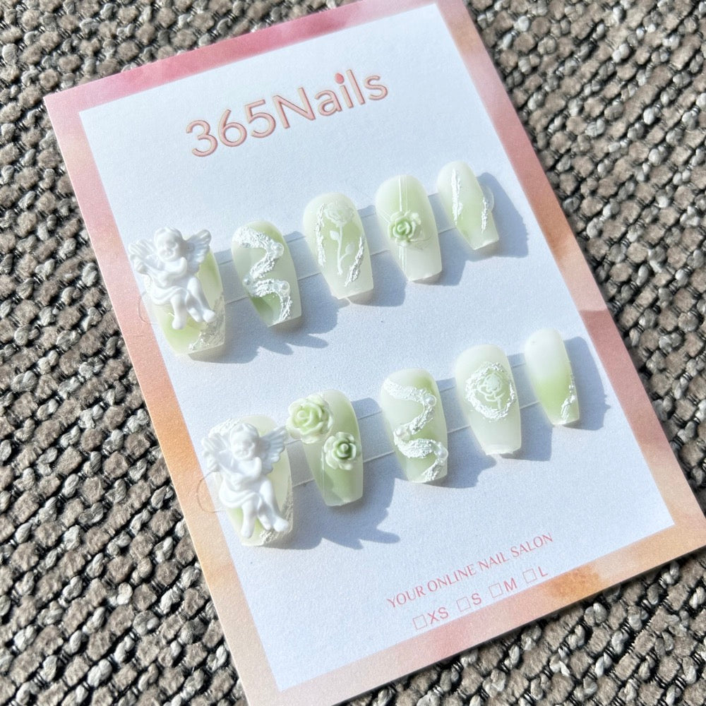 Sweet & Dopamine: "Mint Rococo Angel" – Milky Green Gradient, 3D Cherub, Sculpted Rose, Plaster Texture & Pearl Press-on Nails