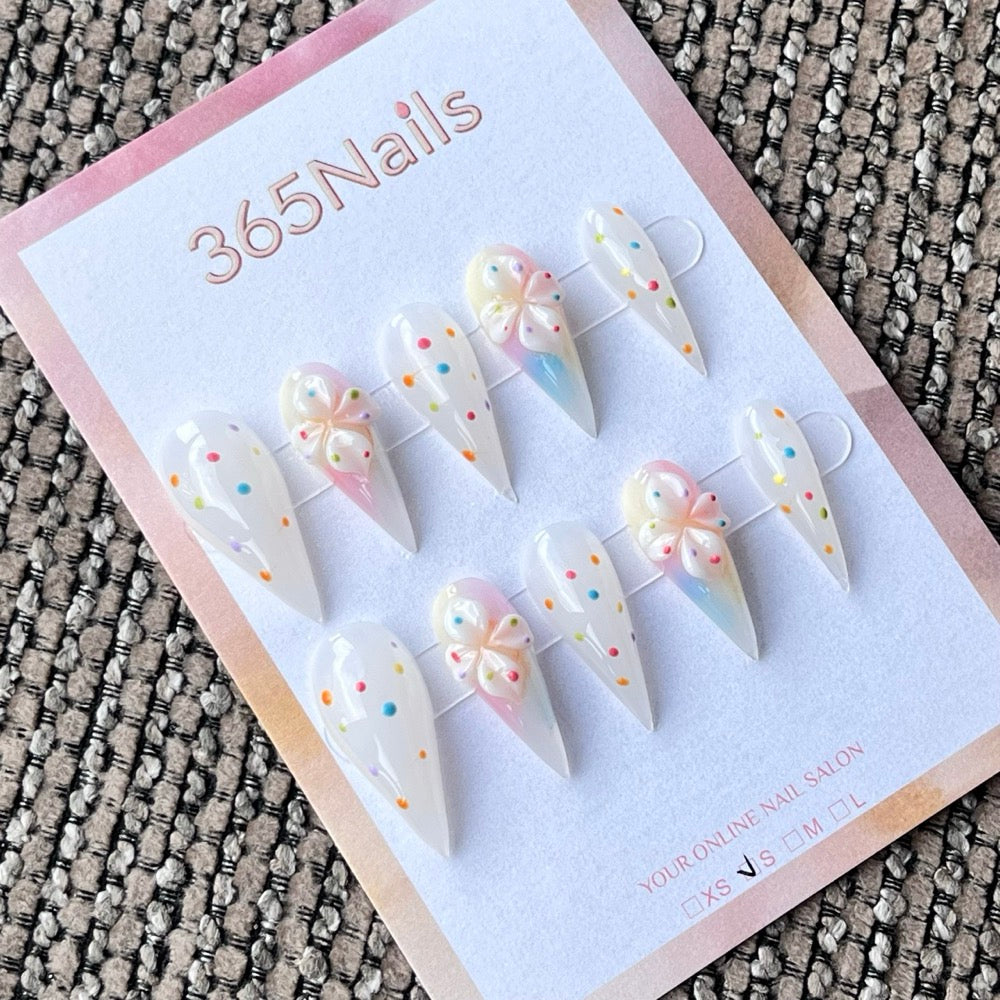 White Stiletto Press-On Nails with 3D Flowers and Polka Dots