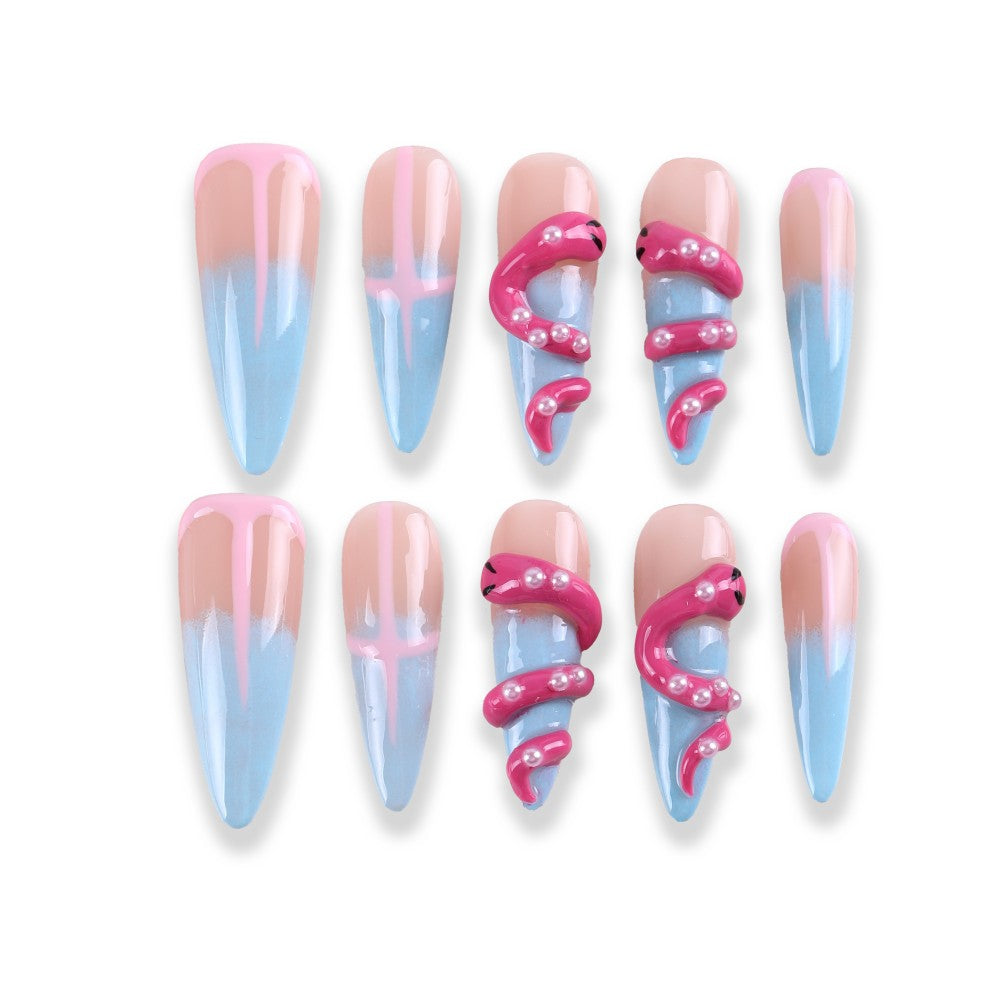 Pink Tentacle and Blue Gradient Press-On Nails with 3D Pearl Design