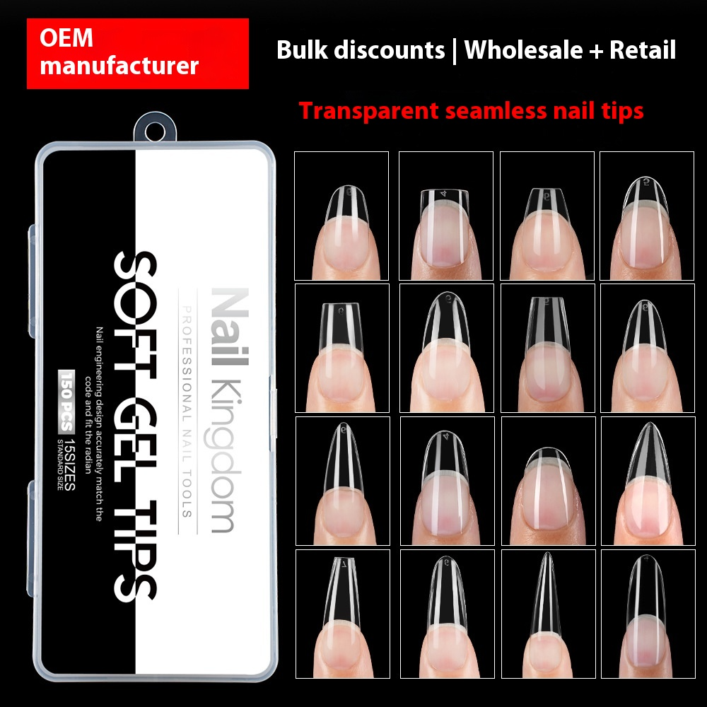 Nail Tips Full number of special nail pads for nail salons, transparent and seamless 150 pcs, boxed press on nails pads, almond trapezoidal fake nails.
