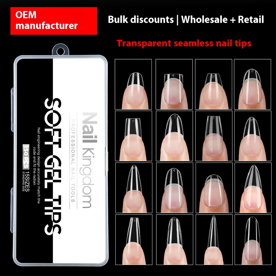 Nail TipsTransparent Seamless Salon Nail Pads, Almond Trapezoidal Press-On Fake Nails, 150 Pieces Boxed (MOQ=3)