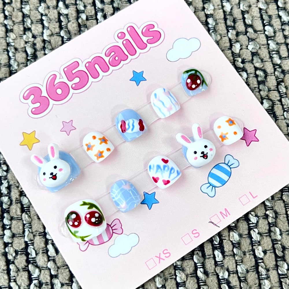 365nails: "Bunny Hop" – 3D Character & Mushroom Handmade Short Square Nails