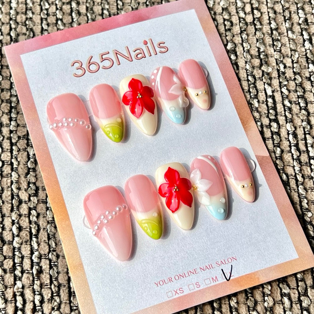 365nails: "Blush Pink Red Lily Pearl" – 3D Flower Handmade Medium Stiletto Press-On Nails