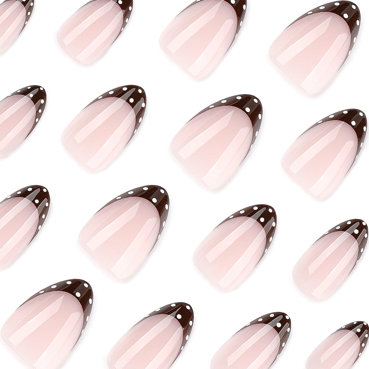 Close-up of pink almond nails with dark brown polka dot French tips on white background