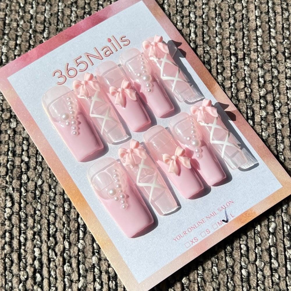365nails: "Balletcore Blush" – 3D Bows & Lace Handmade Press on Nails Long Square Nails