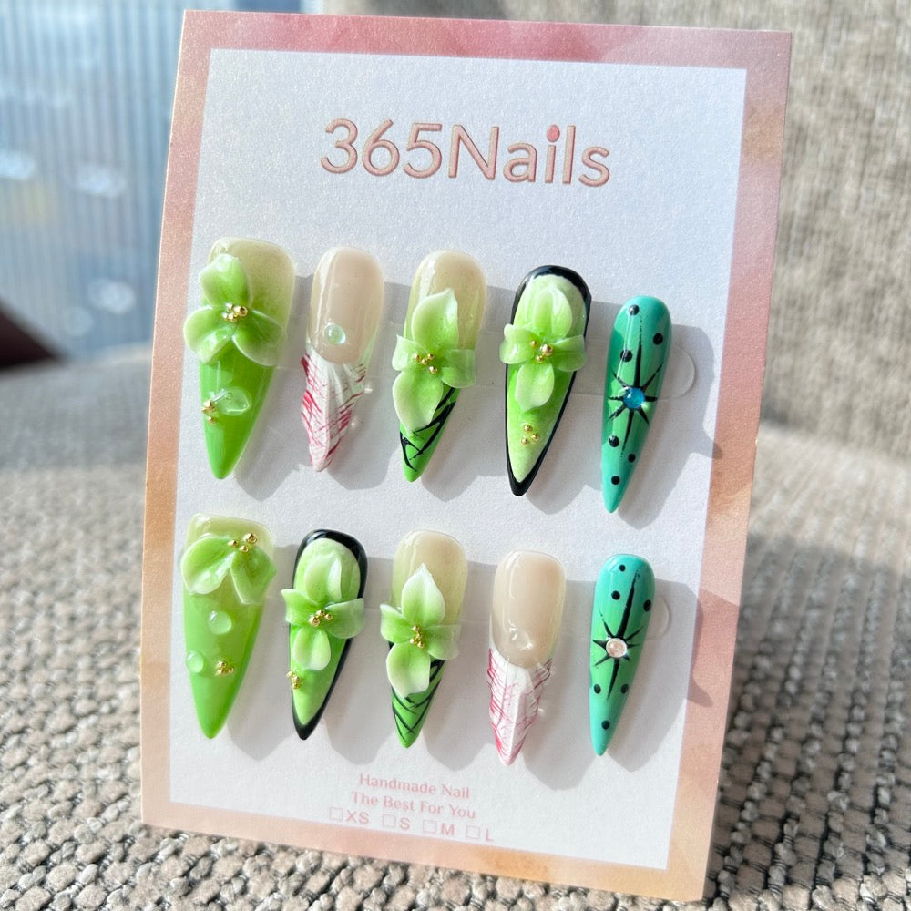 Sculpted Flora: "Spring Dew" – 3D Green Floral, Water Drops & Abstract Starburst Long Stiletto Nails