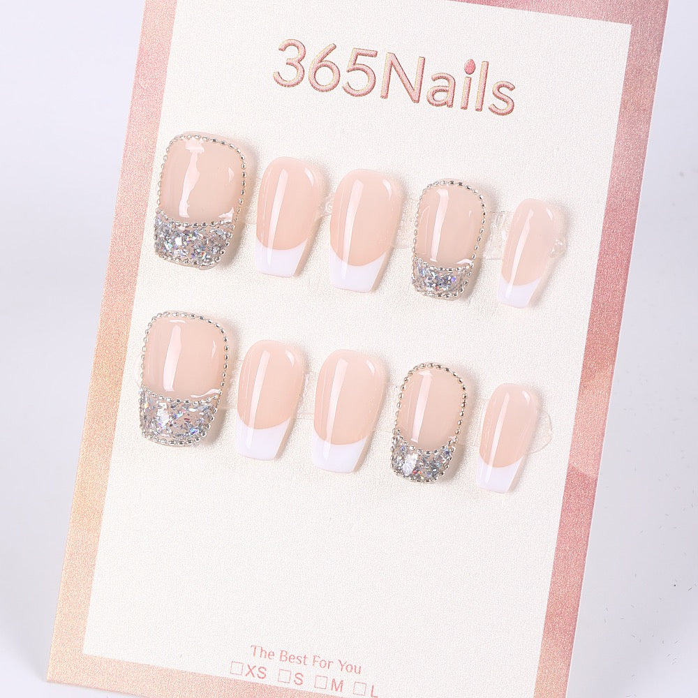 365Nails Nude French × Silver Half‑Moon — Elegant Short Press‑Ons