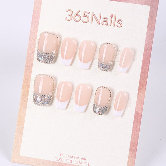365Nails Nude French × Silver Half‑Moon — Elegant Short Press‑Ons