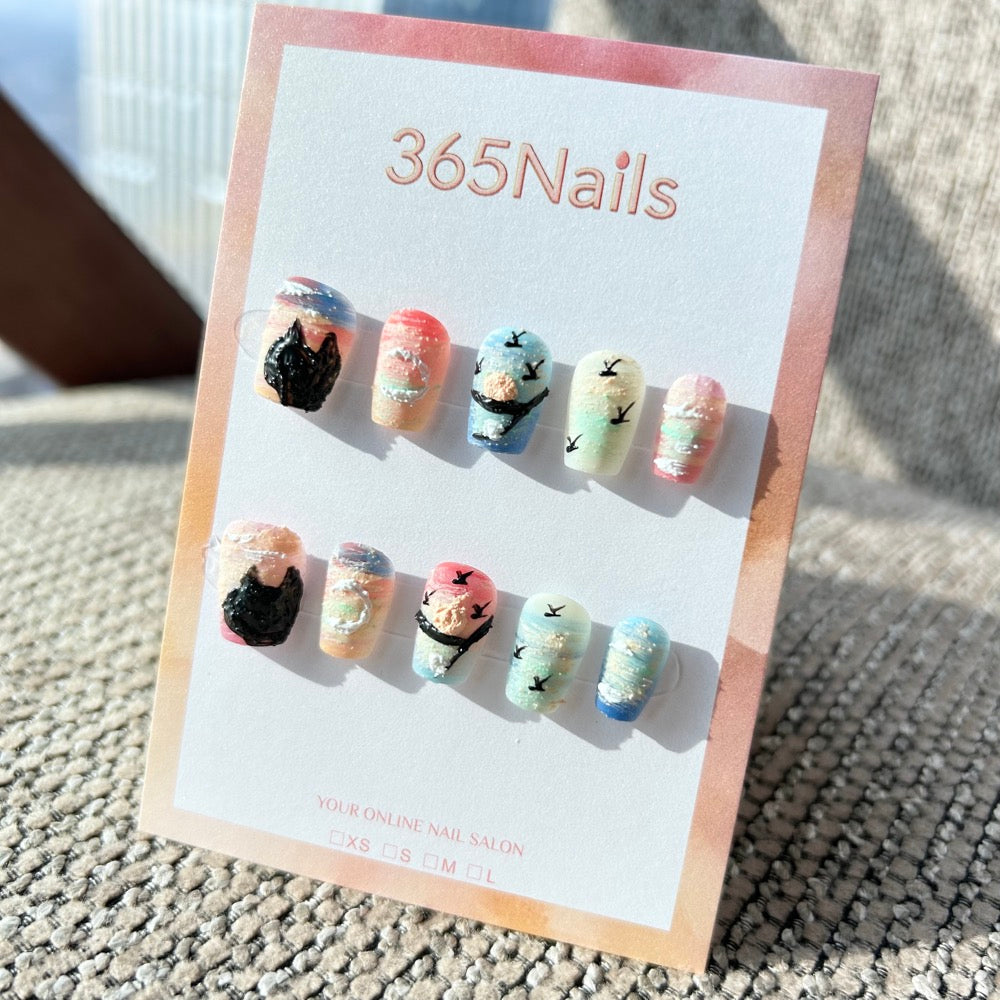 Sweet & Dopamine: "Sunset Silhouette" – Pastel Gradient Sky, Textured Oil Painting Style, 3D Black Cat & Swallow Press-on Nails