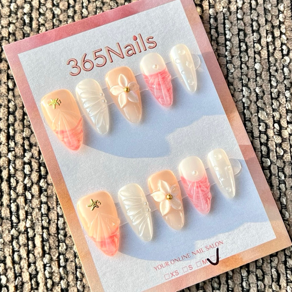 365nails: "Pink White Flower Starfish Shell 3D" – Handmade Medium Stiletto Press-On Nails