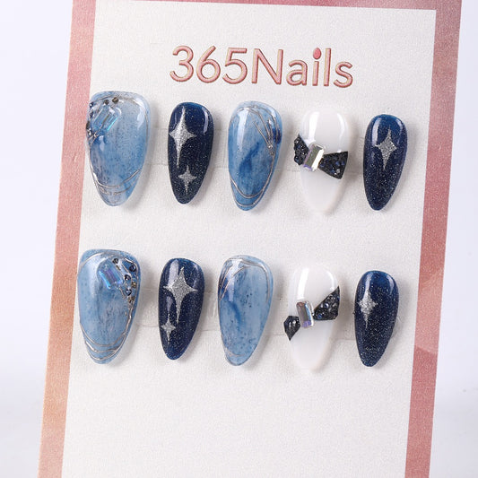 365Nails Midnight Galaxy Long Almond Press-On Nails with Star Glitter and Crystal Bows