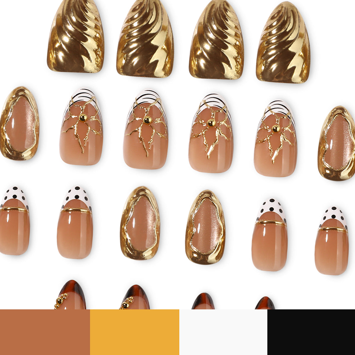 Grid of press-on nail designs with color swatches