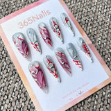 Femme Fatale: "Crimson Sigil" – Icy Grey & Berry Blush Ombre with 3D Silver Chrome Cyber Tribal Lines Long Stiletto Nails