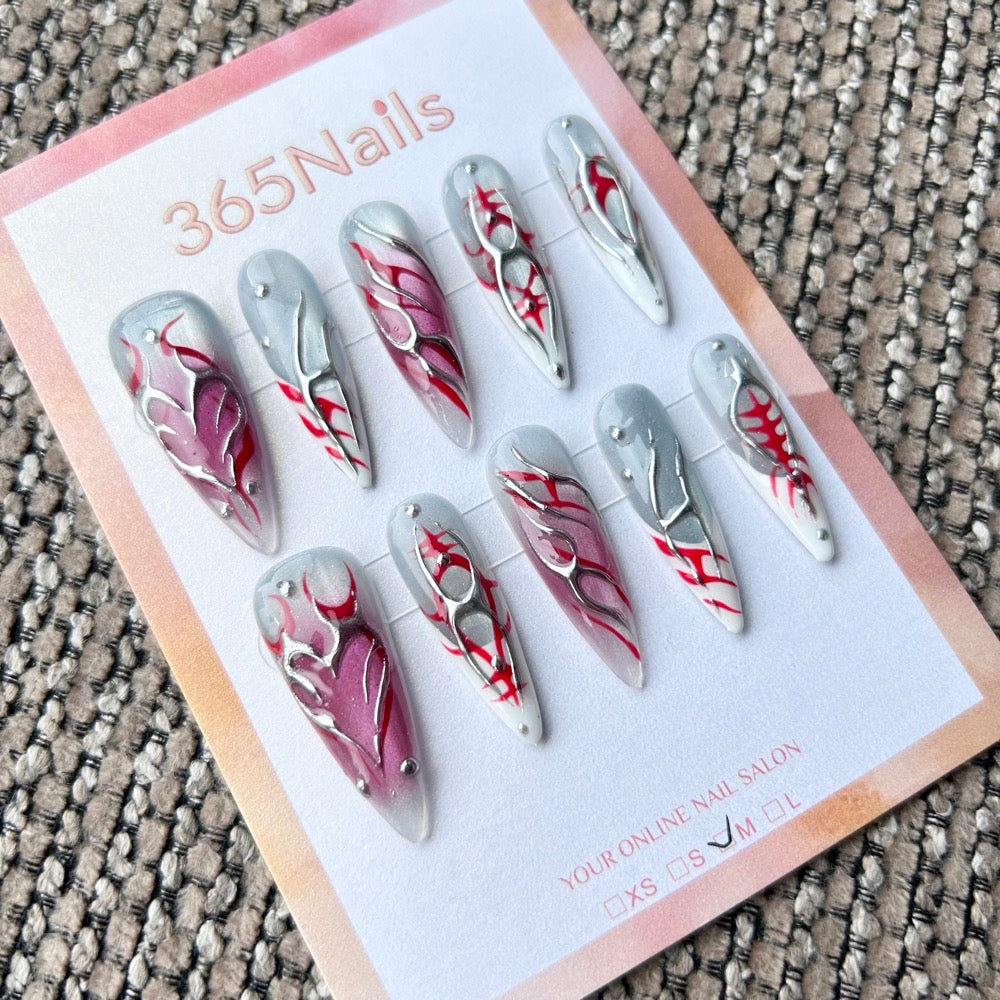 Femme Fatale: "Crimson Sigil" – Icy Grey & Berry Blush Ombre with 3D Silver Chrome Cyber Tribal Lines Long Stiletto Nails