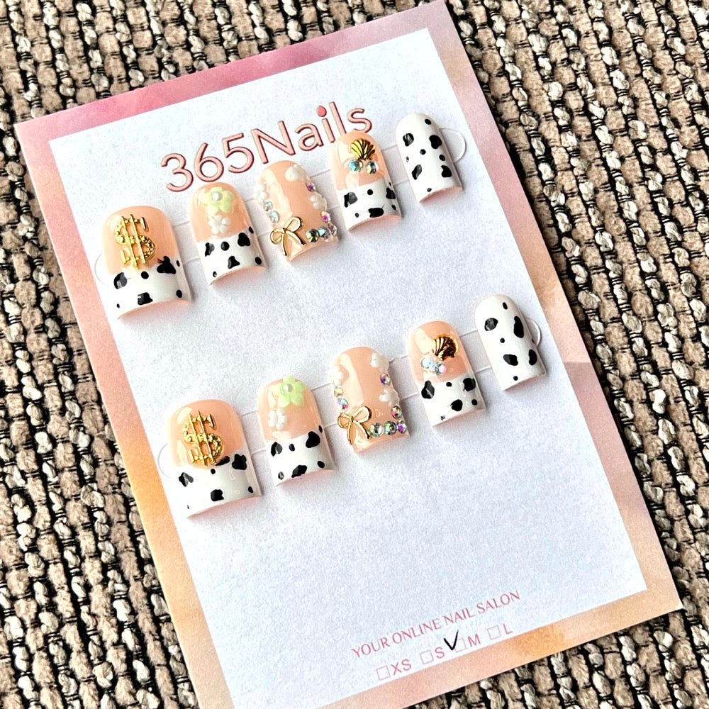 "Peach White Cow Print Dollar Charm" - Wholesale Ultra-Soft Flexible Fit Handmade Nails (MOQ=100)
