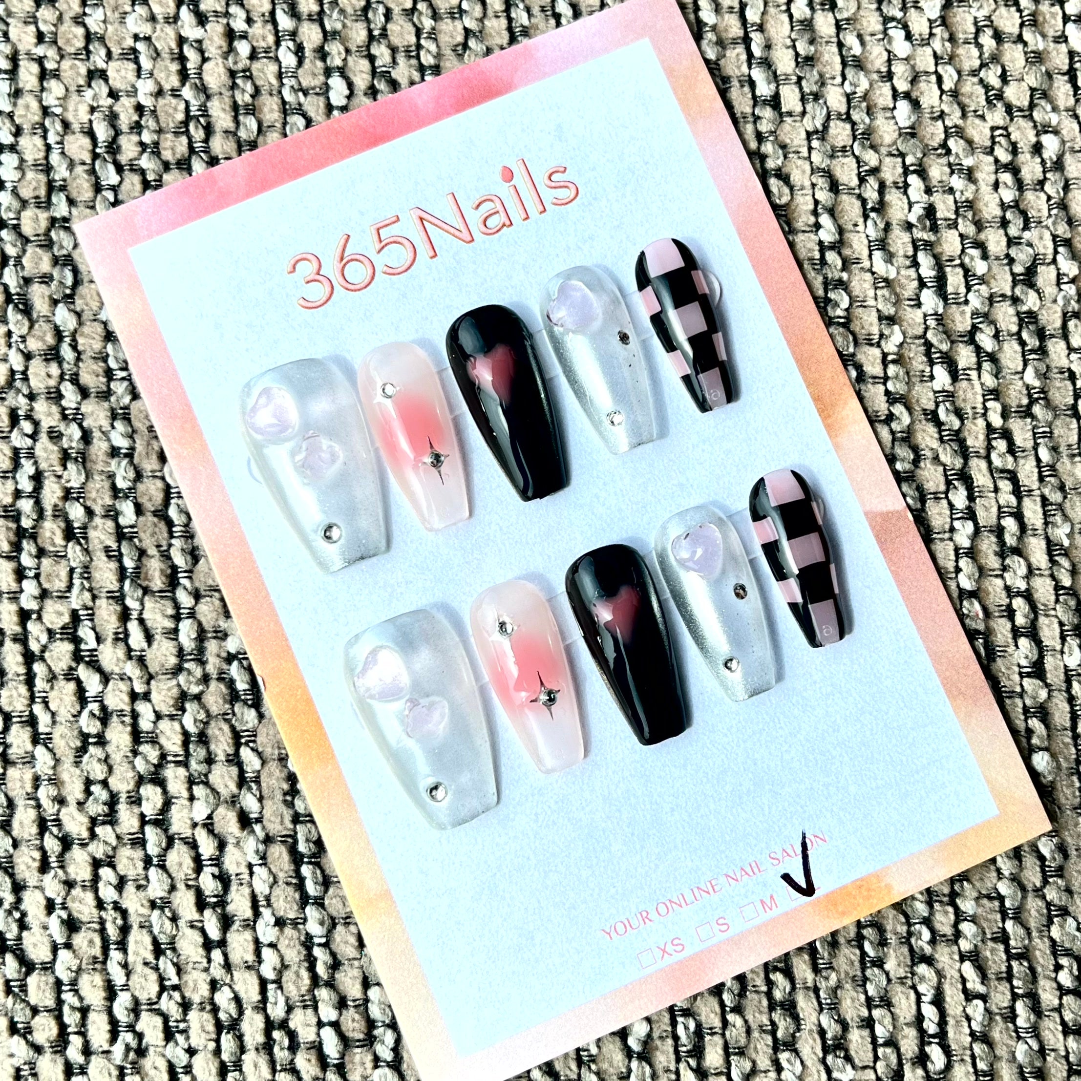 365nails: "Y2K Heartache" – Mixed Media Checkerboard Handmade Press on Nails Long Coffin Nails