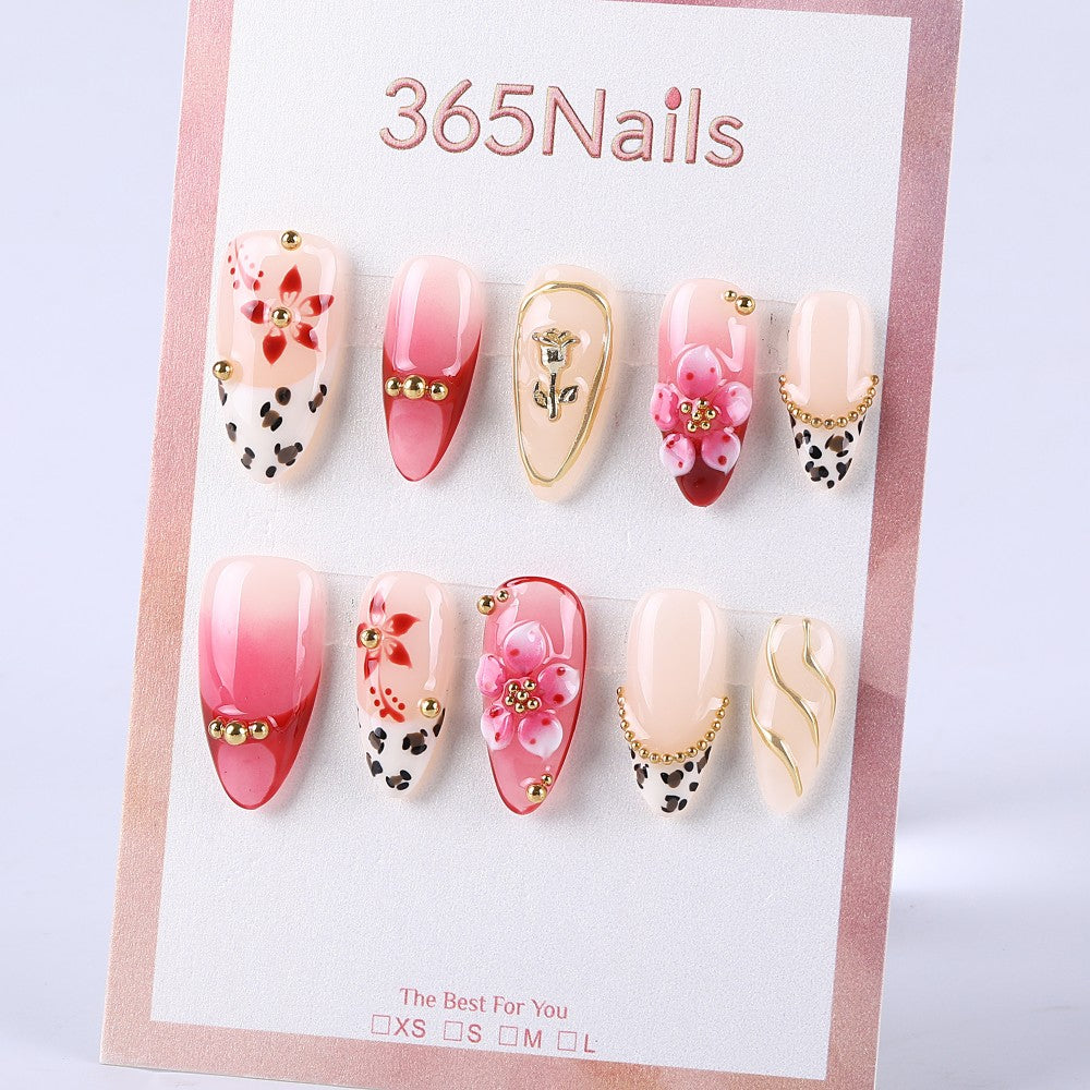 Nude pink gradient leopard spot French style × 3D floral gold chain press on nail