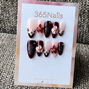 Elegant Maroon & Pink 3D Floral Almond Press-On Nails