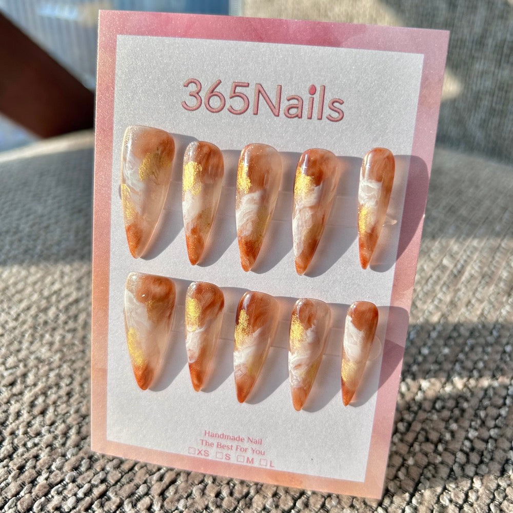 Gilded Caramel & Amber Smoke Icy Tea Brown Marble & Gold Foil Nails ｜ Handmade Smudge Series(moq=30)