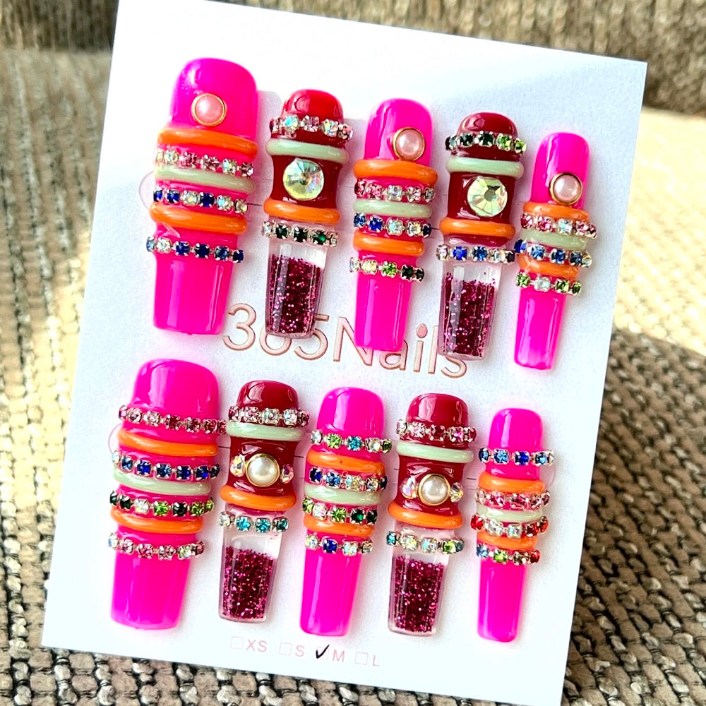 365nails: "Neon Candy Stack" – Handmade Liquid Motion Press-On Medium Square Nails-4cm