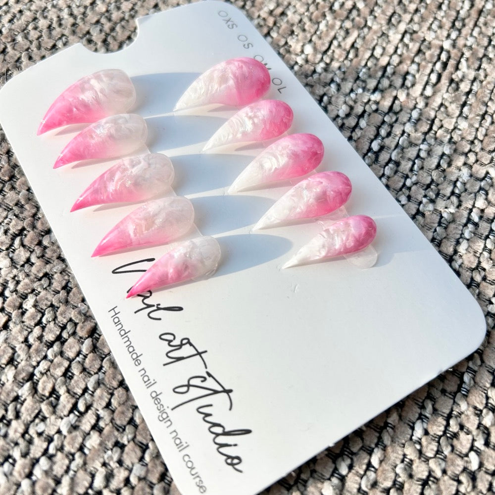 Peach Cloud Marble Press On Nails｜Pink & White  Stiletto