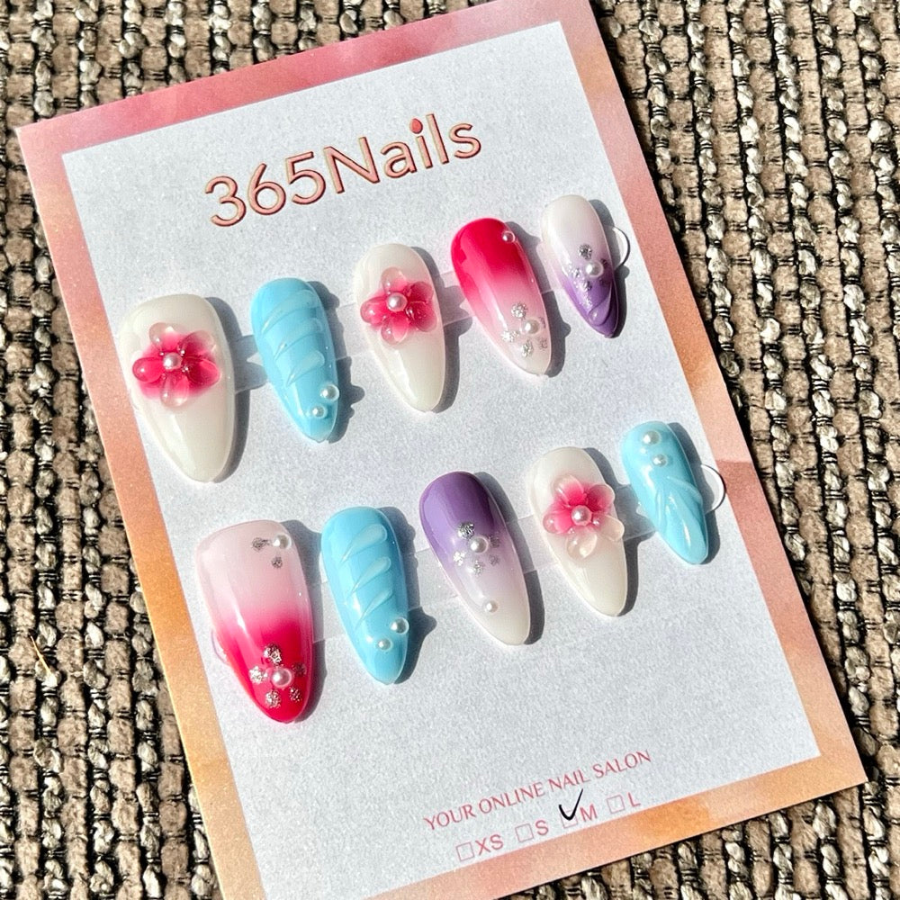 365nails: "Rainbow Sakura Pearl Wave" – 3D Flower Handmade Medium Stiletto Press-On Nails