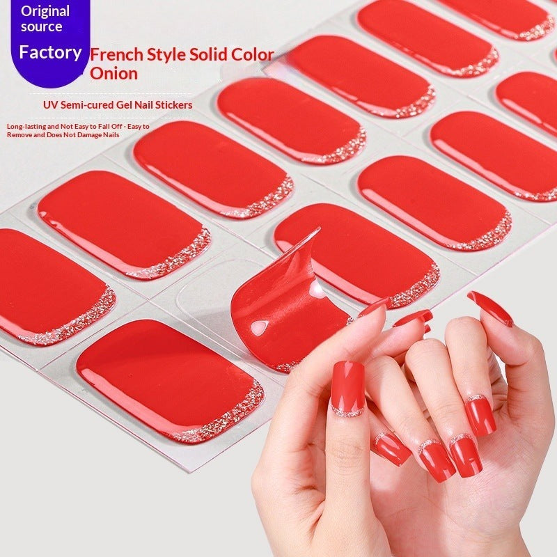 Semi-Cured Gel Nail Strips French Glitter Pink Sparkle Glossy Set (MOQ=3)